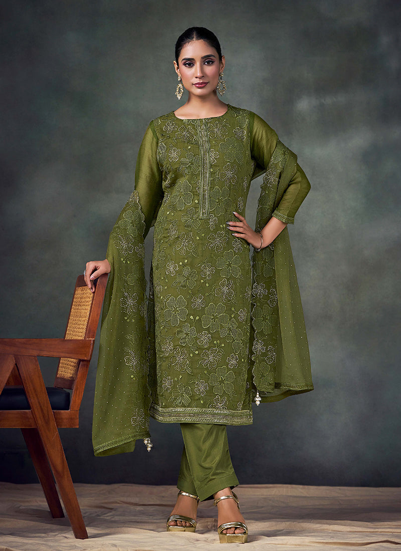 Green Embroidery Pant Style Suit