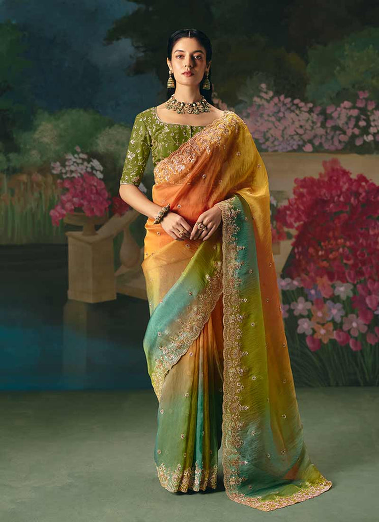 Green Orange Multicolored Embroidery Saree and Blouse