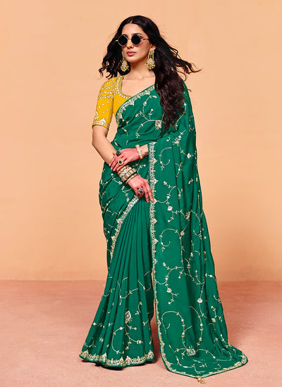 Green and Yellow Embroidered Bridal Saree
