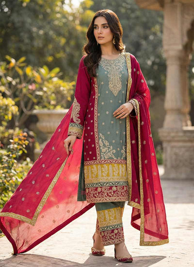 Grey and Magenta Pink Multi Embroidered Pant Suit