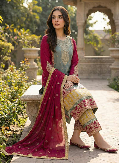 Grey and Maroon Multi Embroidered Pant Suit