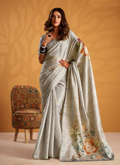 Soft Grey Embroidered Traditional Silk Saree