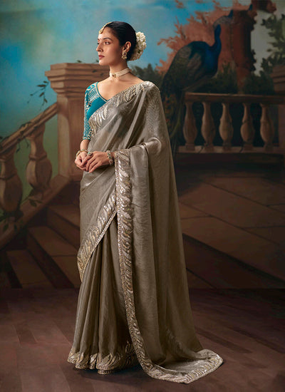 Grey and Blue Embroidered Party Wear Silk Saree