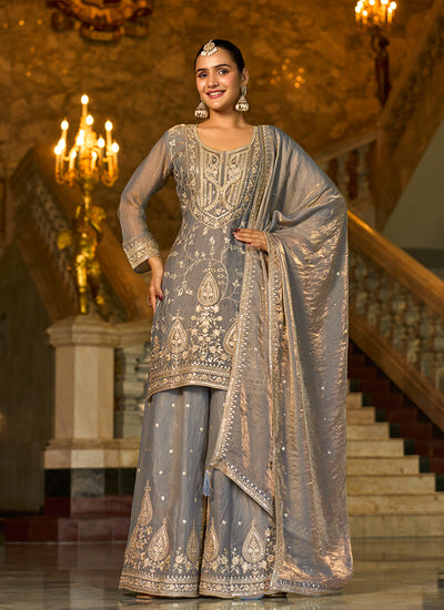Grey Embroidered Silk Sharara Suit