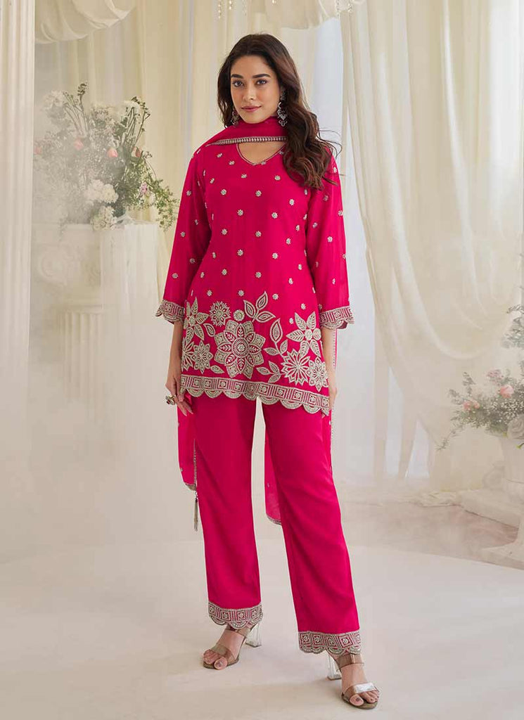 Hot Pink Handwork Embroidery Pant Style Suit