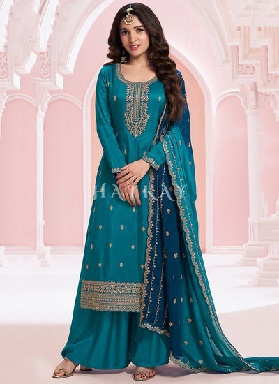 Turquoise And Blue Embroidered Palazzo Suit
