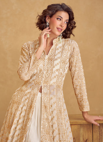Off White Embroidery Slit Style Anarkali Lehenga