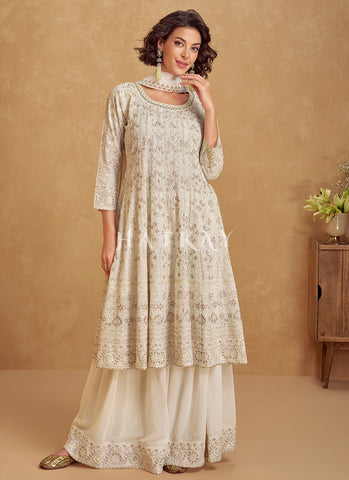 Pearl White Embroidery Anarkali Palazzo Suit