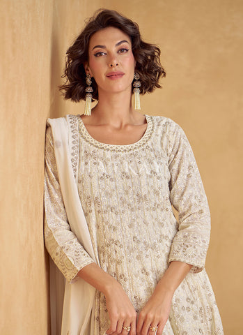 Pearl White Embroidery Anarkali Palazzo Suit