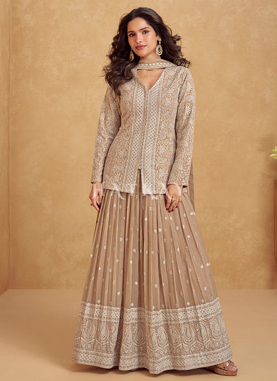 Beige Brown Embroidery Lehenga Kurti