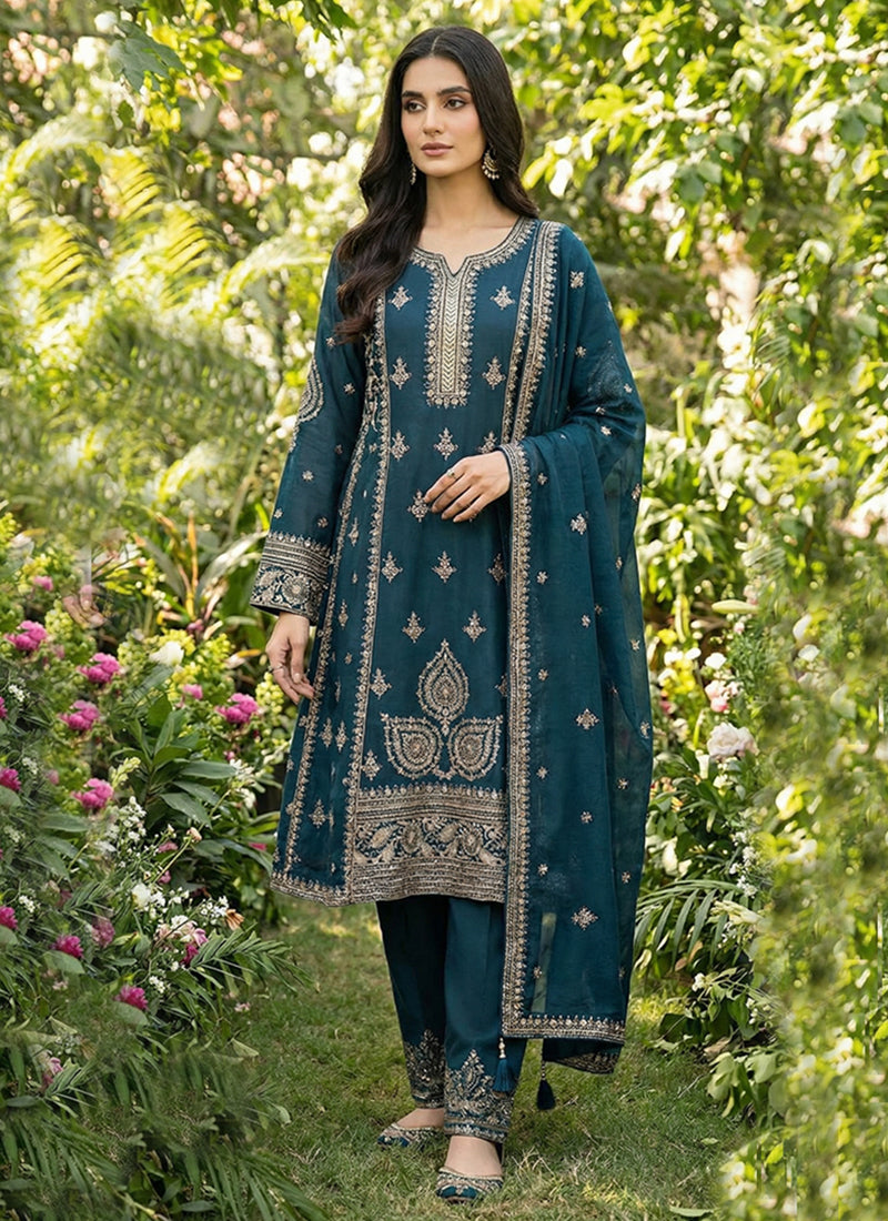 Royal Blue Embroidered Pakistani Pant Suit