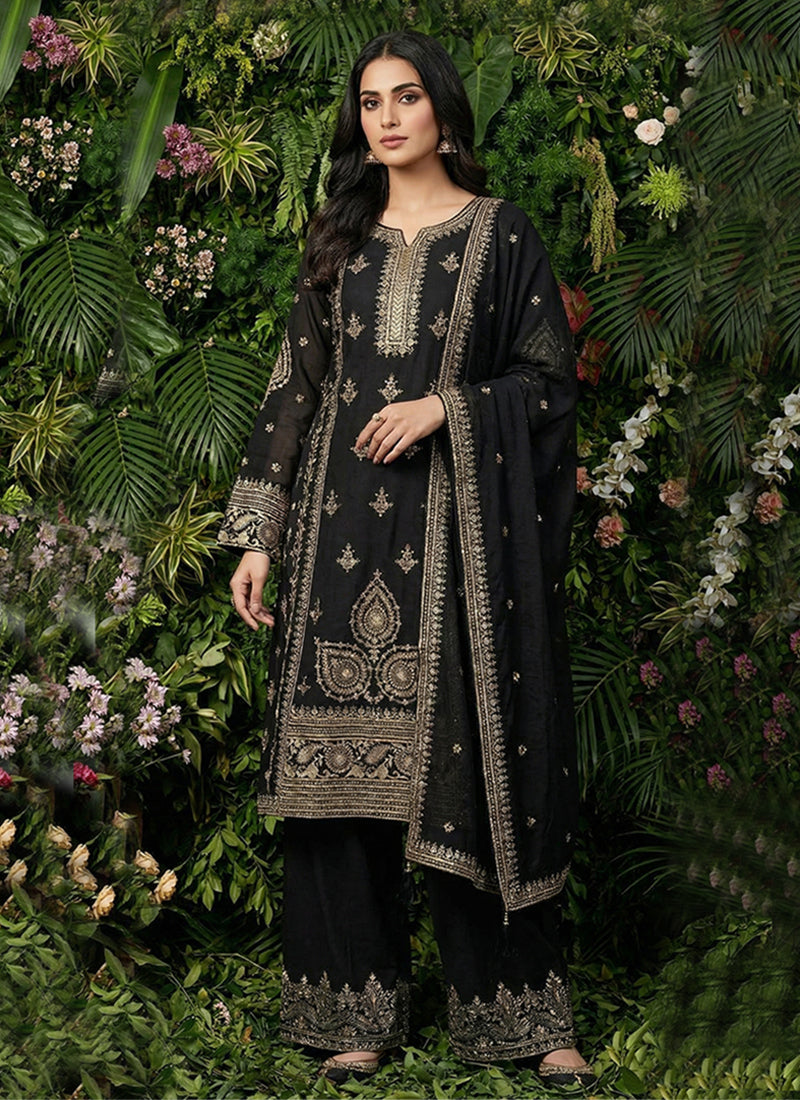 Black Embroidered Pakistani Style Palazzo Suit