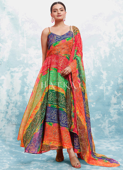 Orange Multicolor Printed Anarkali Gown