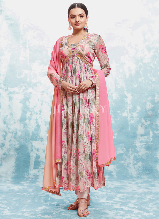 Pastel Pink Floral Printed Anarkali Suit