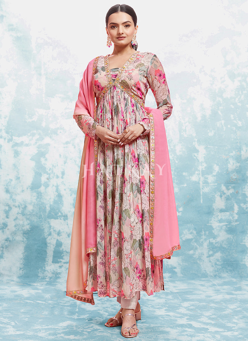 Pastel Pink Floral Printed Anarkali Suit