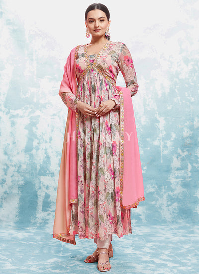 Pastel Pink Floral Printed Anarkali Suit