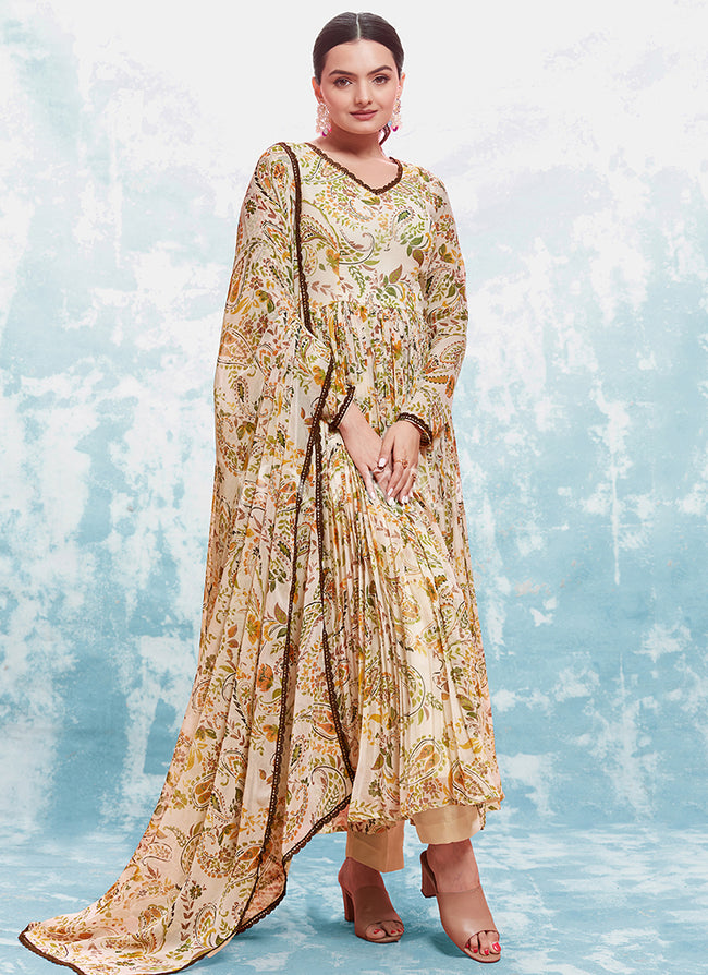 Light Peach Paisley Printed Anarkali Suit