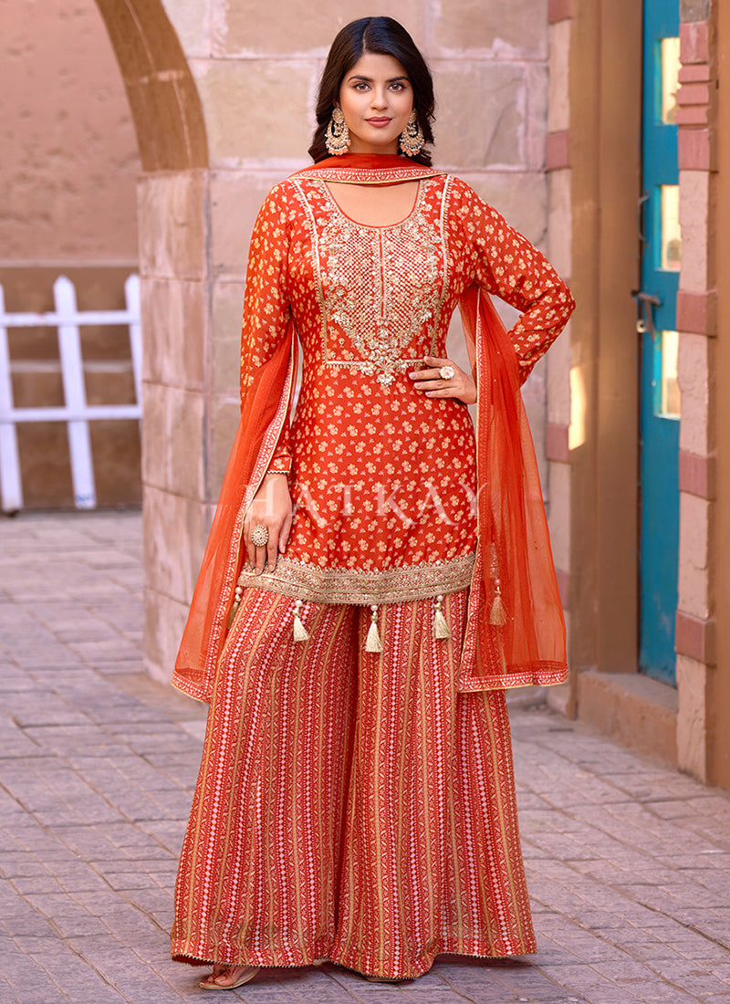 Orange Embroidered Sharara Style Palazzo Suit