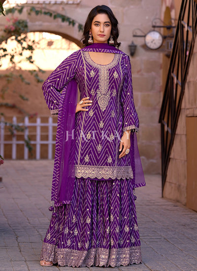 Purple Embroidered Sharara Style Palazzo Suit