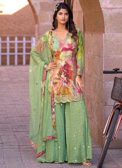 Green Embroidered Sharara Style Palazzo Suit