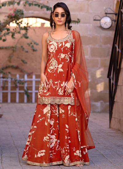 Rust Orange Embroidered Sharara Style Palazzo Suit