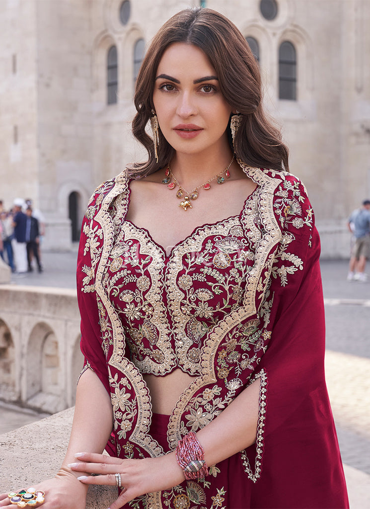 Crimson Embroidered Cape Style Designer Palazzo Suit