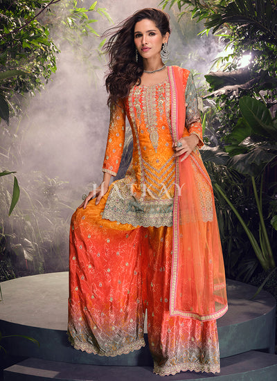Orange Multicolored Handwork Sharara Style Suit