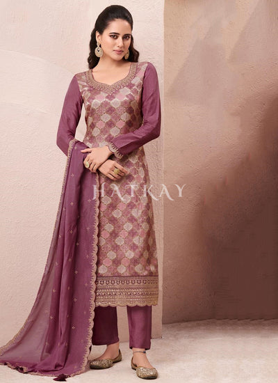 Mauve Purple Embroidered Pakistani Pant Style Suit