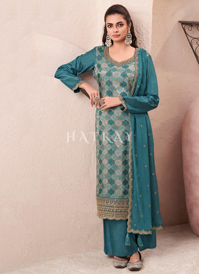 Turquoise Embroidered Pakistani Pant Style Suit