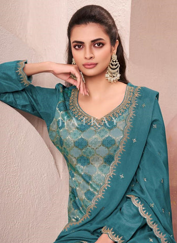 Turquoise Embroidered Pakistani Pant Style Suit