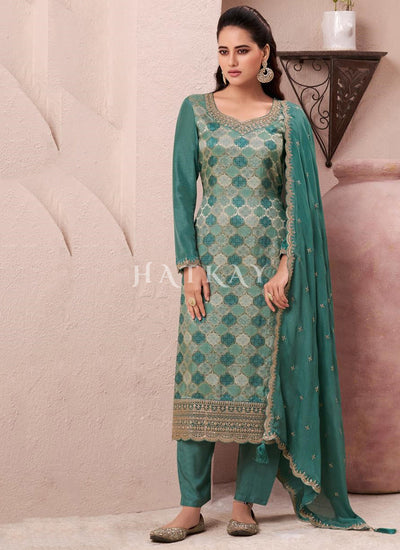 Green Embroidered Pakistani Pant Style Suit