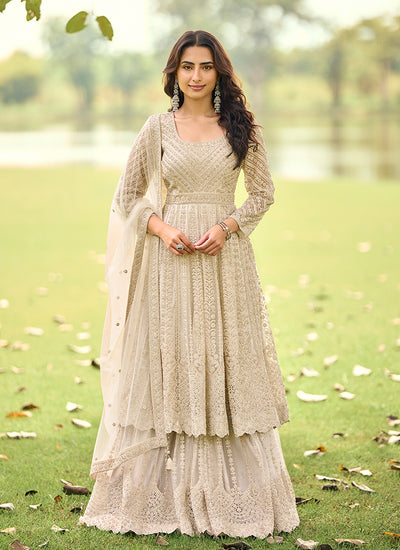 Beige Embroidered Net Anarkali Gharara Suit
