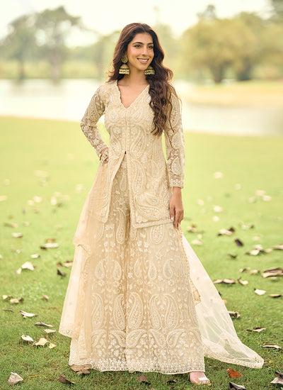 Beige Embroidered Slit Style Peplum Palazzo Suit