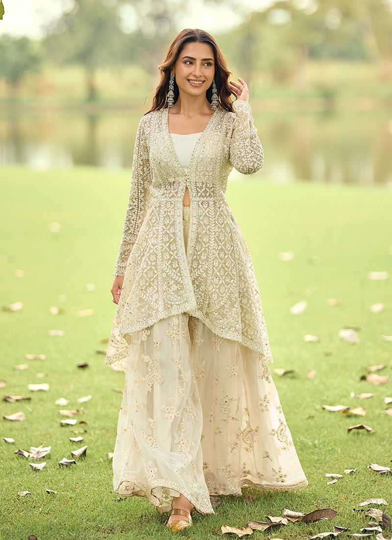 Off White Embroidered Jacket Style Palazzo Co-Ord Set