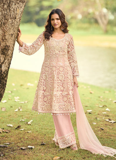 Pink Thread Embroidered Anarkali Pant Style Suit