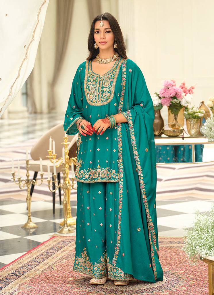 Turquoise Multicolored Embroidery Palazzo Suit