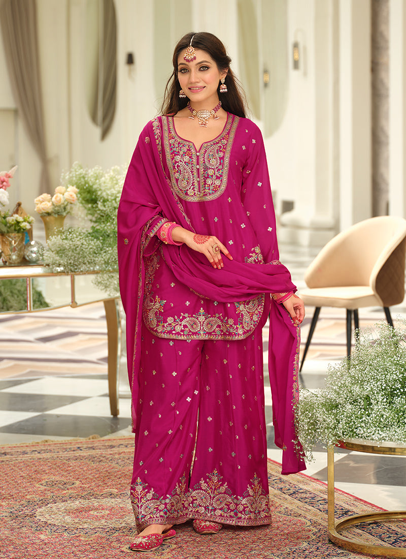 Magenta Pink Multicolored Embroidery Palazzo Suit