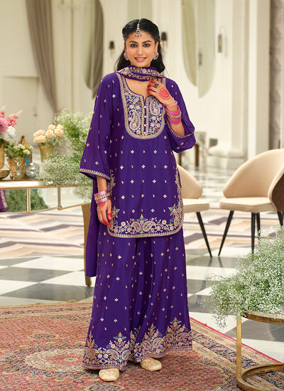 Violet Multicolored Embroidery Palazzo Suit
