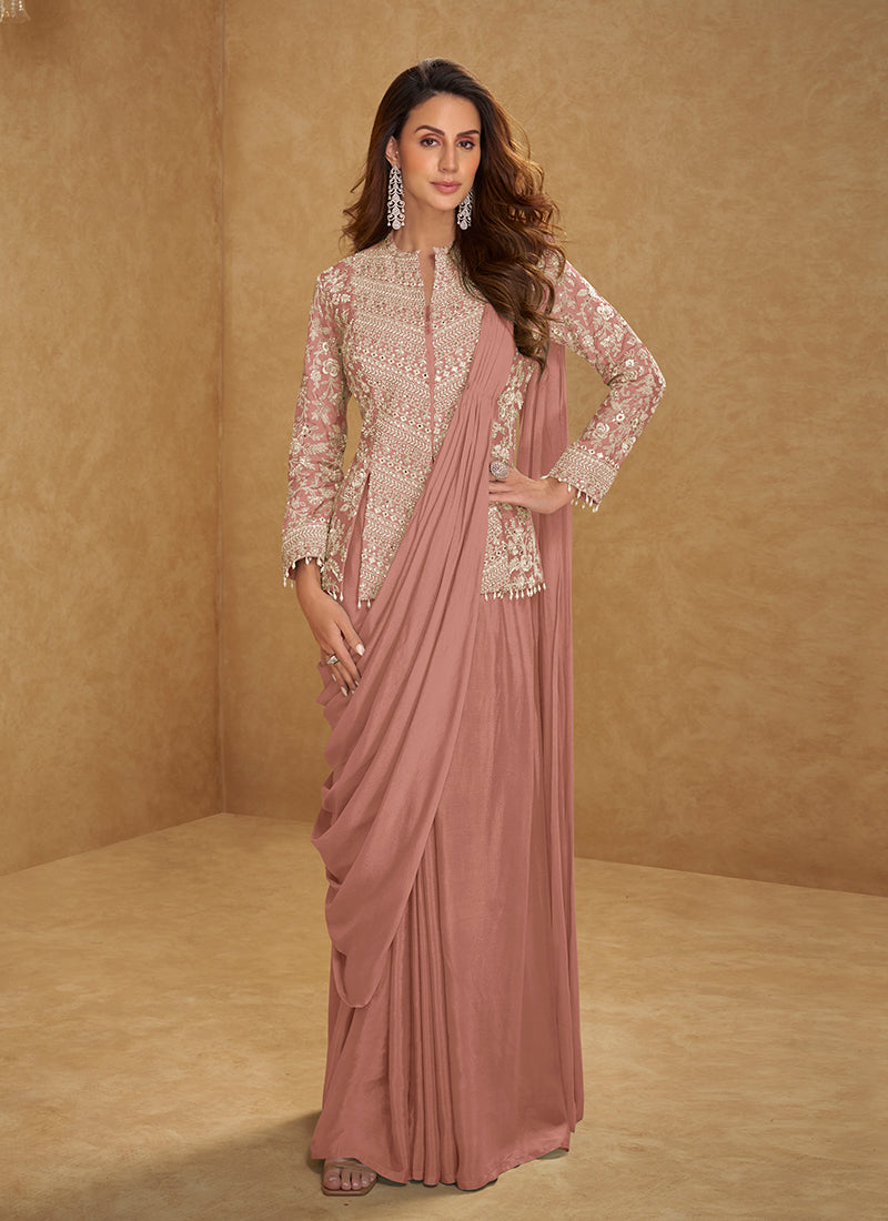 Dusty Pink Embroidered Ready To Wear Saree