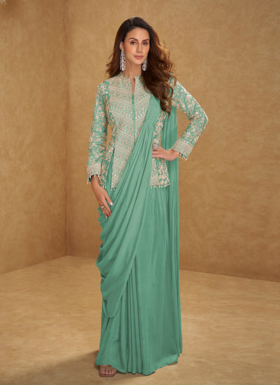 Sea Green Embroidered Ready To Wear Saree