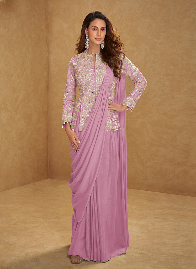 Lavender Embroidered Ready To Wear Saree
