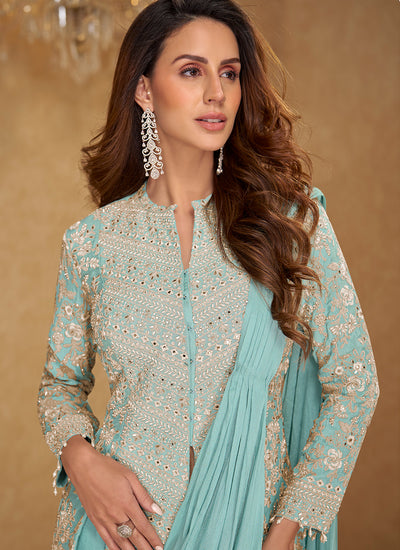 Aqua Mint Embroidered Ready To Wear Saree