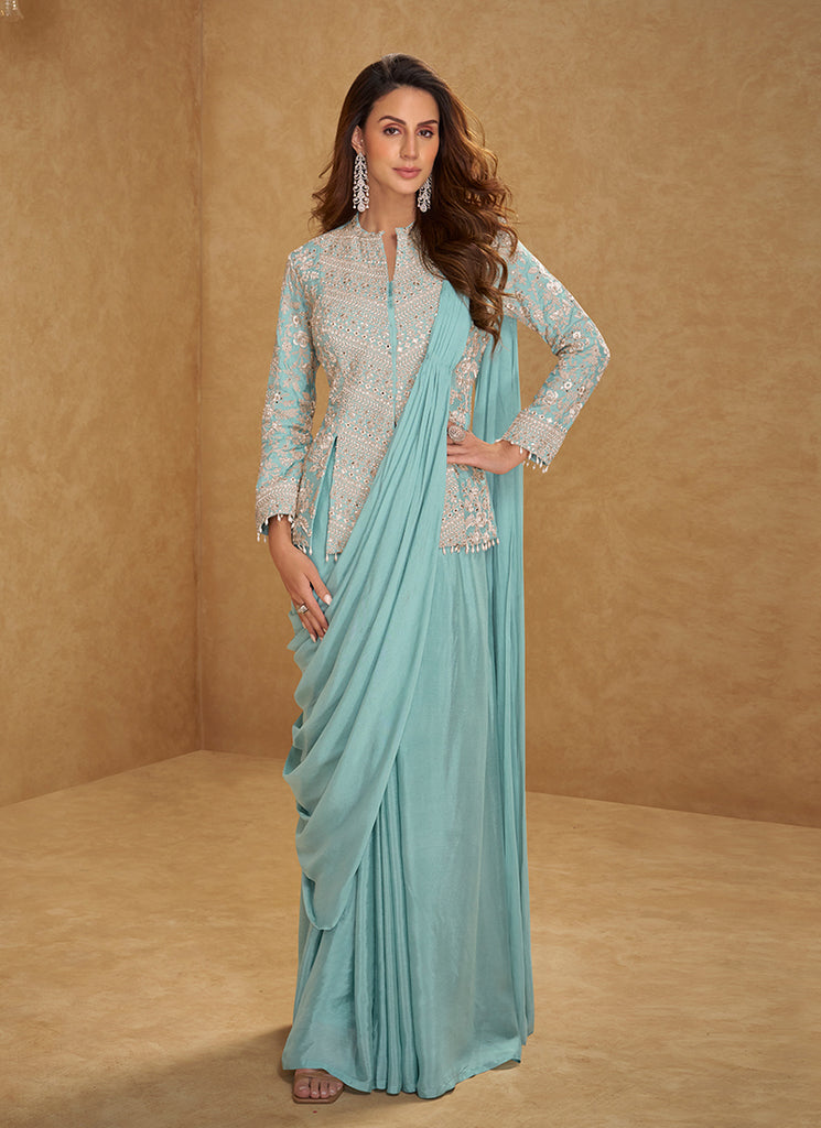 Aqua Mint Embroidered Ready To Wear Saree