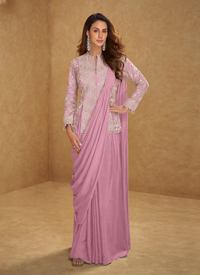 Rose Pink Embroidered Ready To Wear Saree