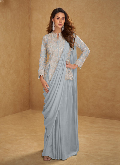 Misty Blue Embroidered Ready To Wear Saree