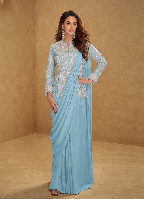 Powder Blue Embroidered Ready To Wear Saree