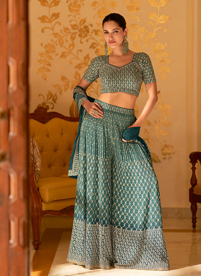 Turquoise Ombré Embroidered Indo Western Sharara