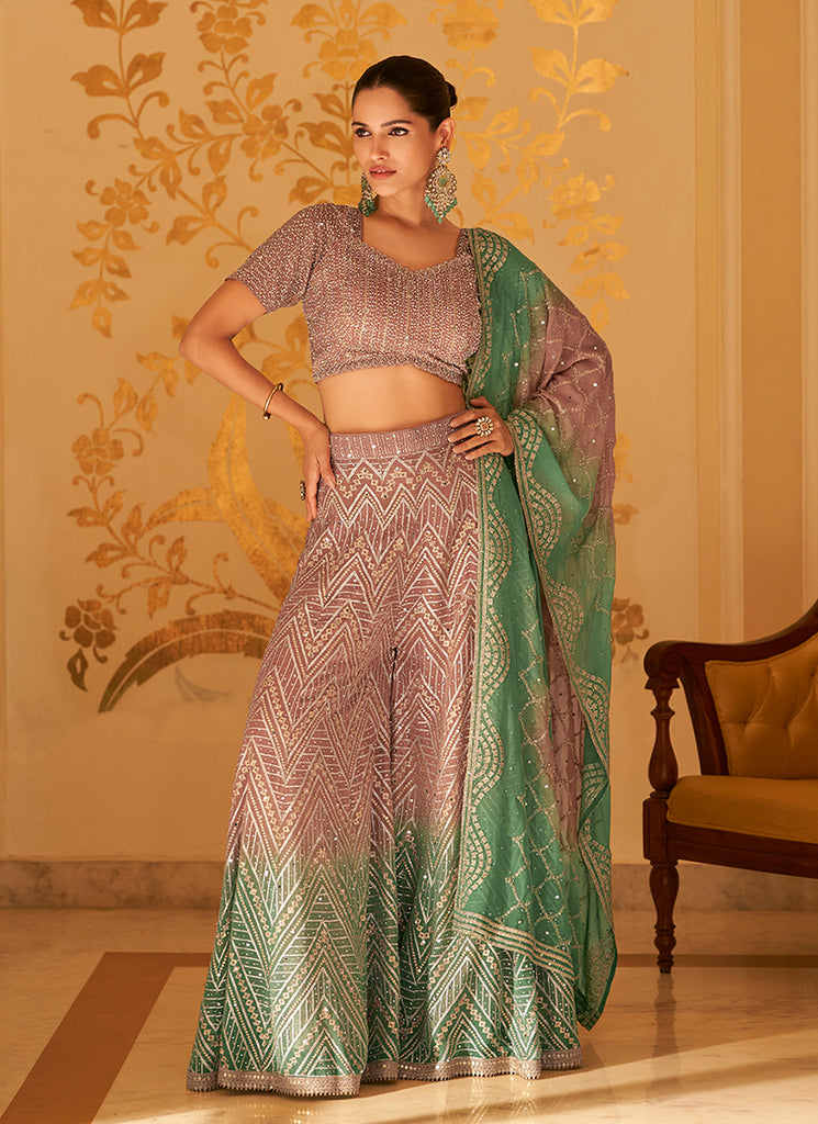 Pink Green Ombré Embroidered Indo Western Sharara