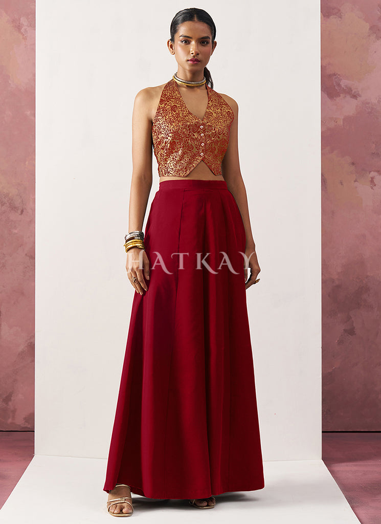 red indowestern dress Navira Red Indo Western Draped Dress with Zari Cut Dana and Sequin Work