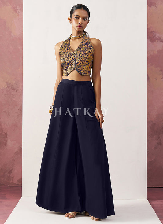 Dark Blue Waistcoat Style Indo Western Sharara Suit